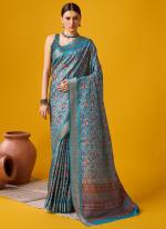 Cotton Blue Festival Wear Floral Print Saree